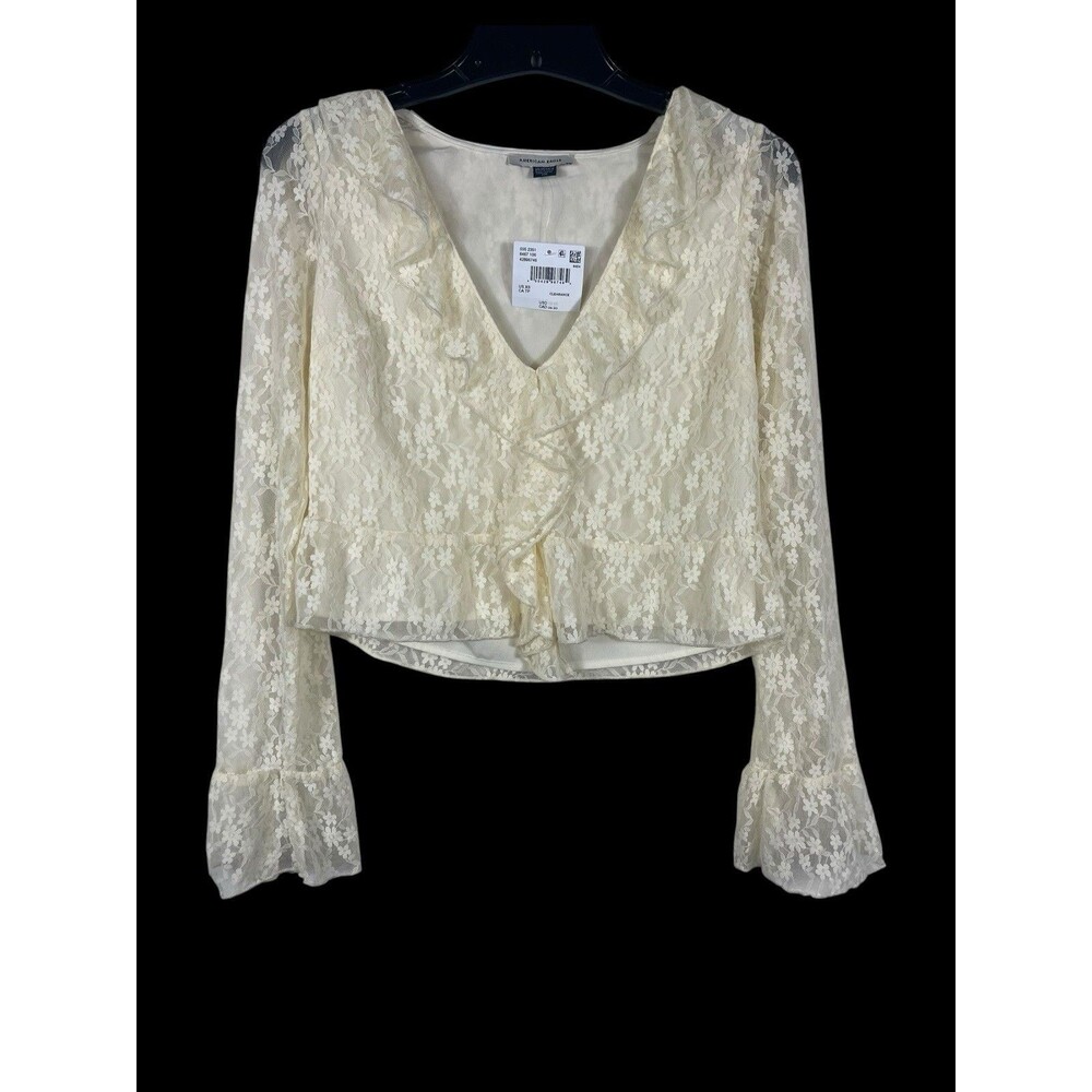 NWT American Eagle Lace Crop Top XS Ivory Sheer Fairy Boho Y2K Bell Sleeve